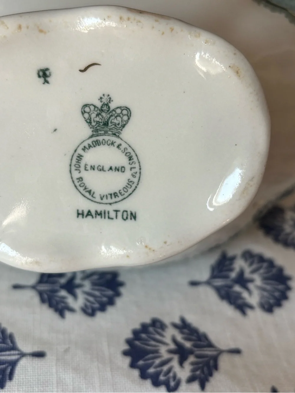 Antique Greenand White Transferwa Floral Porcelain Gravy Boat and Sugar Bowl Set